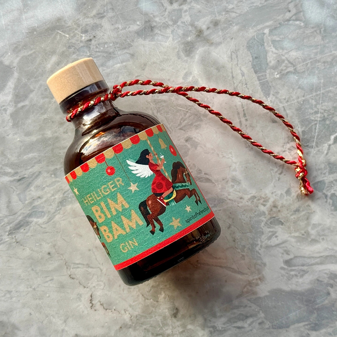 Heiliger Bimbam Gin Mini 5cl als Christbaumanhänger – Weihnachtsgeschenk Idee